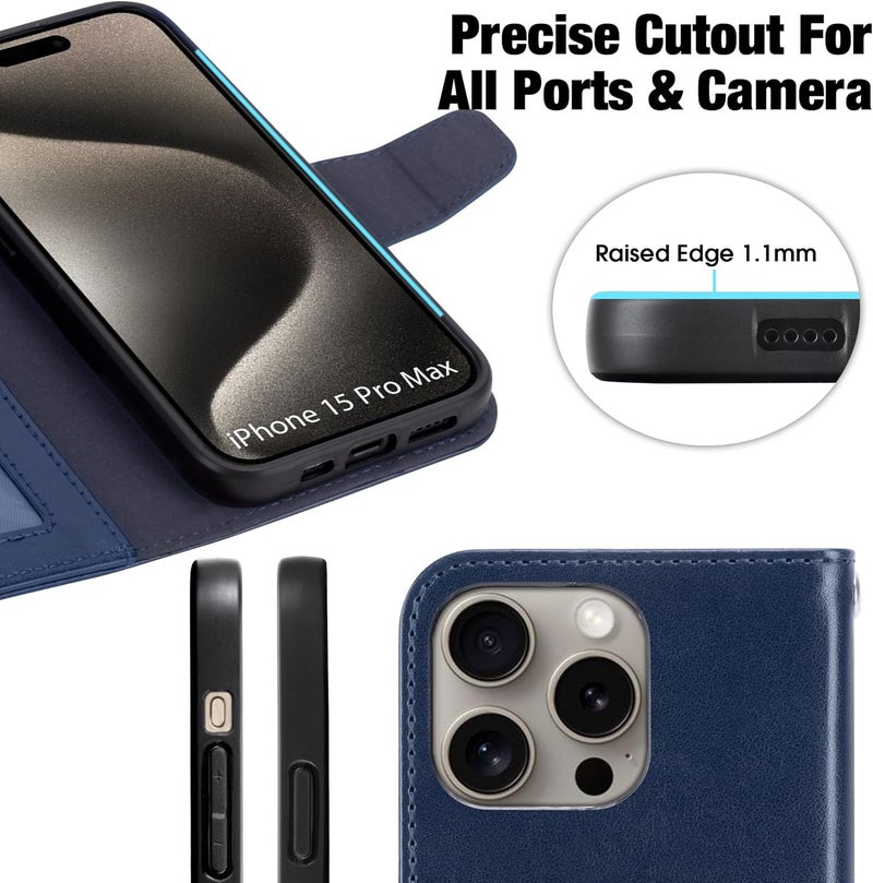 Arae Compatible with iPhone 15 Pro Max Case with Card Holder and Wrist Strap Wallet Flip Cover for iPhone 15 Pro Max 6.7 inch,Blue - Image 4